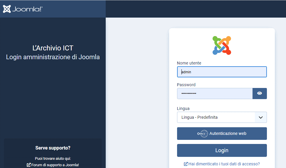 L'immagine raffigura la schermata di login al pannello di controllo di joomla