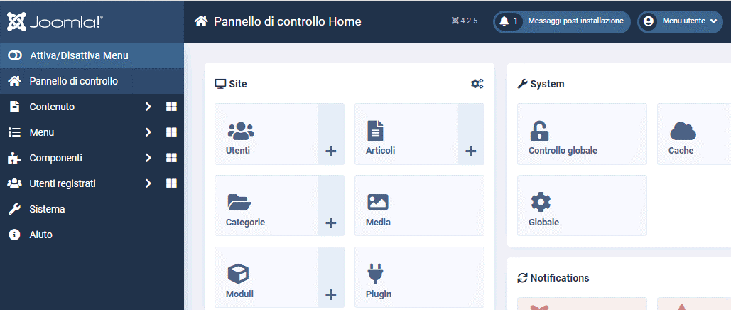 L'immagine raffigura il pannello di controllo di Joomla