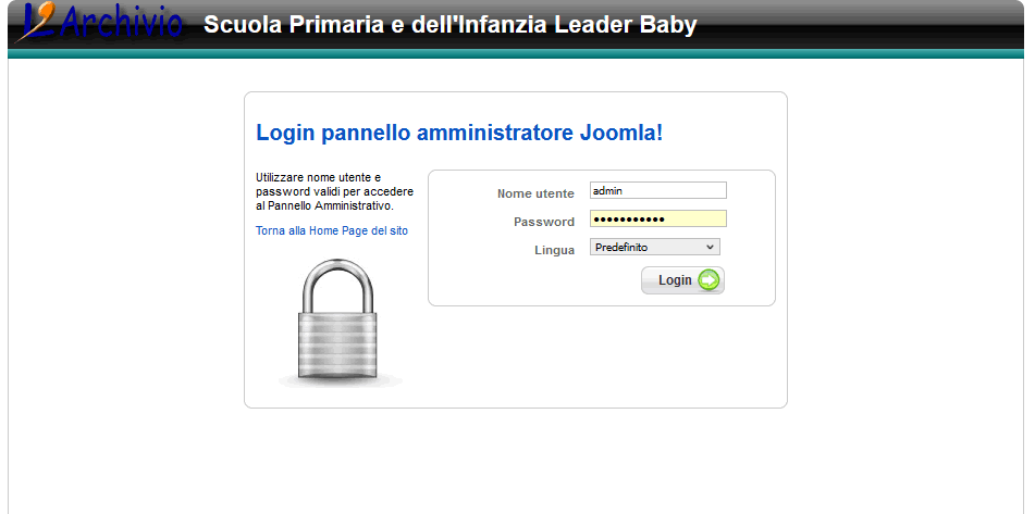 L'immagine raffigura la schermata di login al pannello di controllo del sito web della scuola Leader Baby