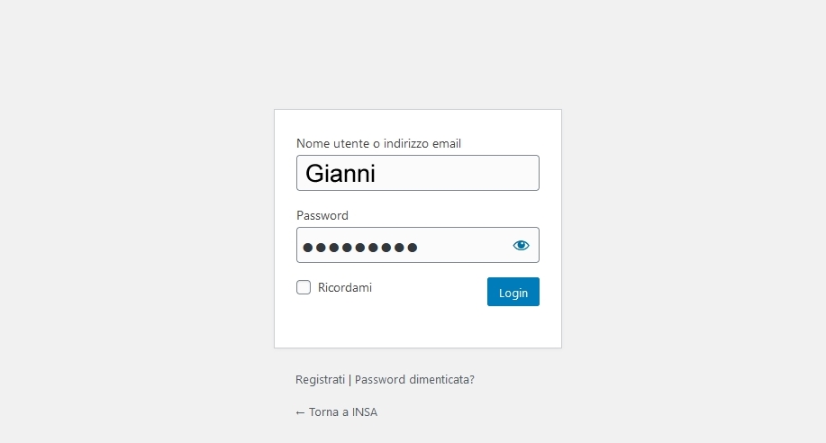 L'immagine raffigura la schermata di login al pannello di controllo di WordPress
